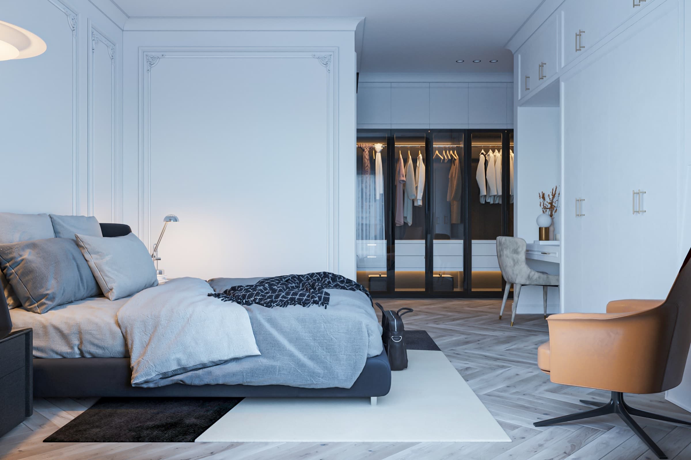 Schlafzimmer mit Bett und offener Schrankwand im Hintergrund